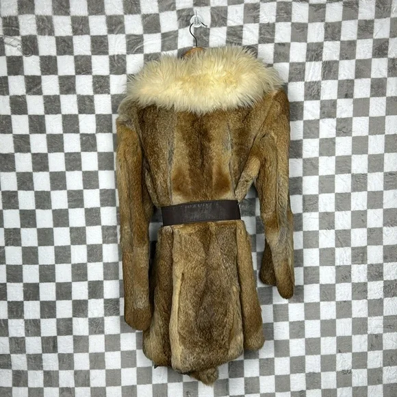 Vintage Genuine rabbit fur coat big collar chunky wool trim belt S *see note! - Picture 7 of 14